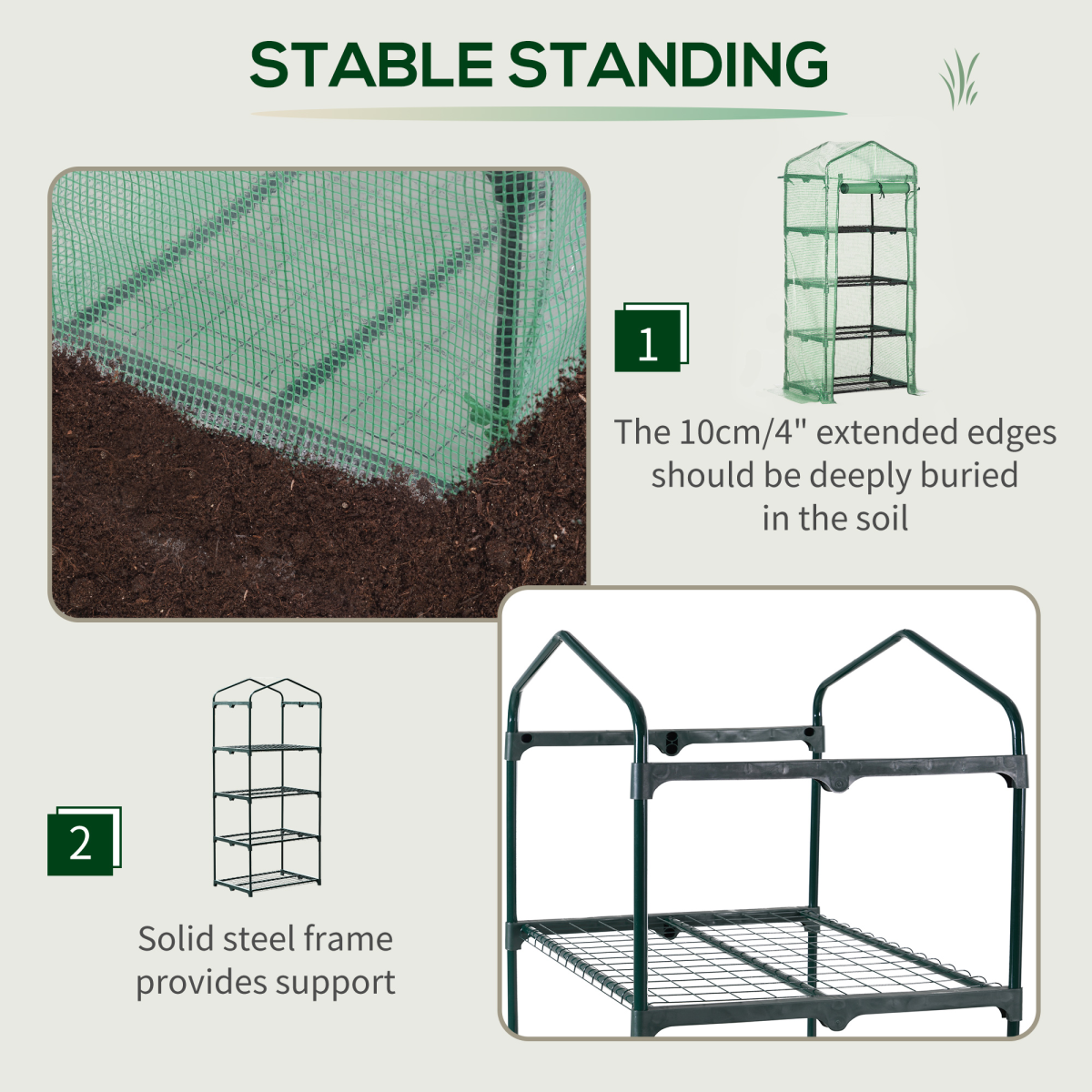 4-Tier Mini Greenhouse with Zipped Roll-up Door – Steel Frame Plant Grow House, 70 x 50 x 160cm, Dark Green