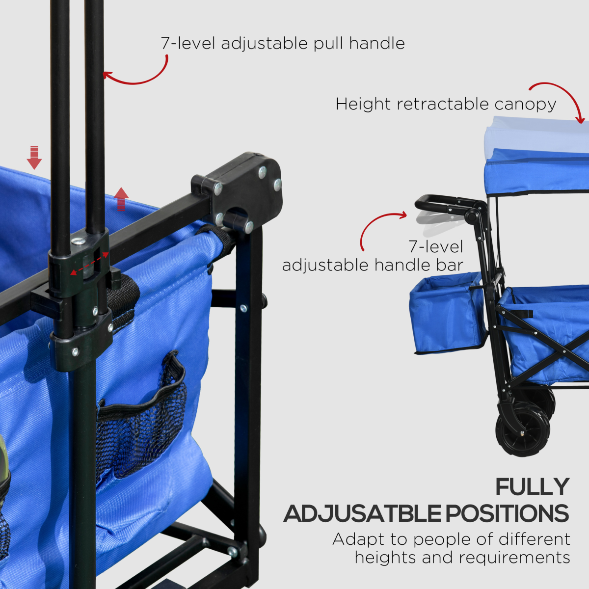 Outsunny Folding Trolley Cart with 4 Wheels, 2 Compartments, Canopy & Telescopic Handle – Garden Storage Wagon, Blue