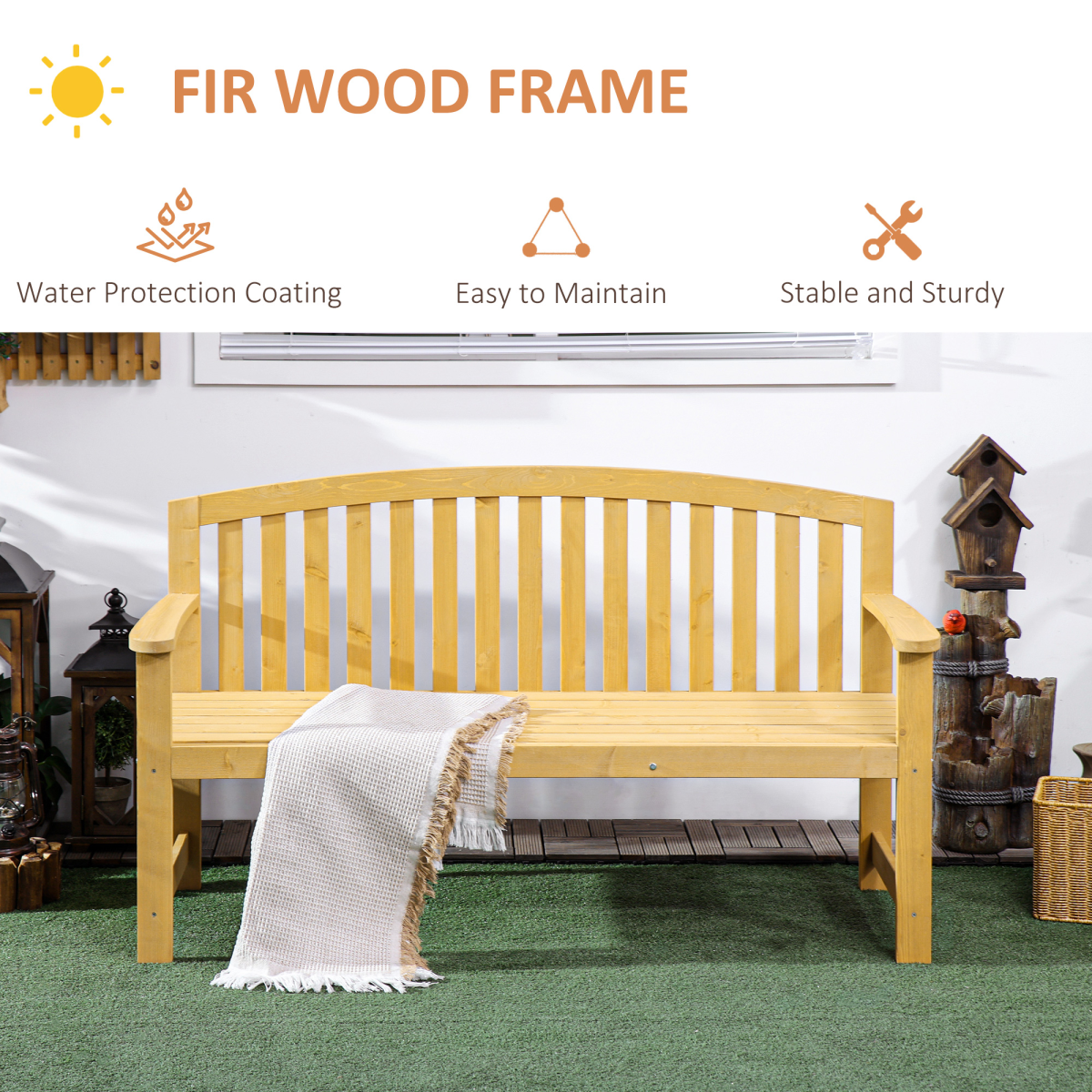 Outsunny 2-Person Wooden Garden Bench with Armrests & High Back – Fir Wood Outdoor Patio Seating, Orange