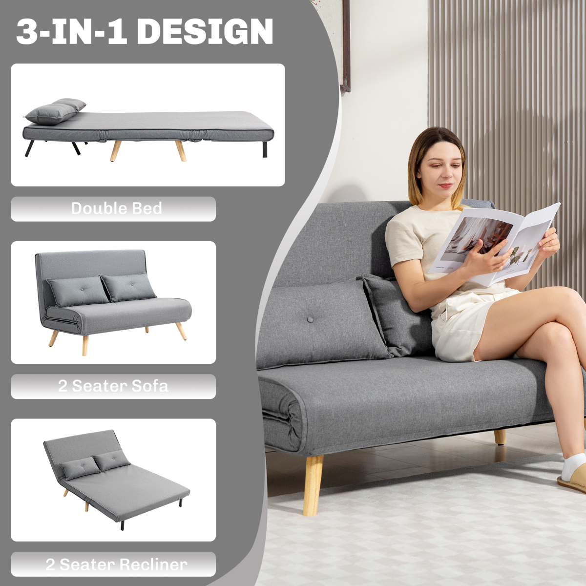 HOMCOM sofa bed metal frame and wooden legs