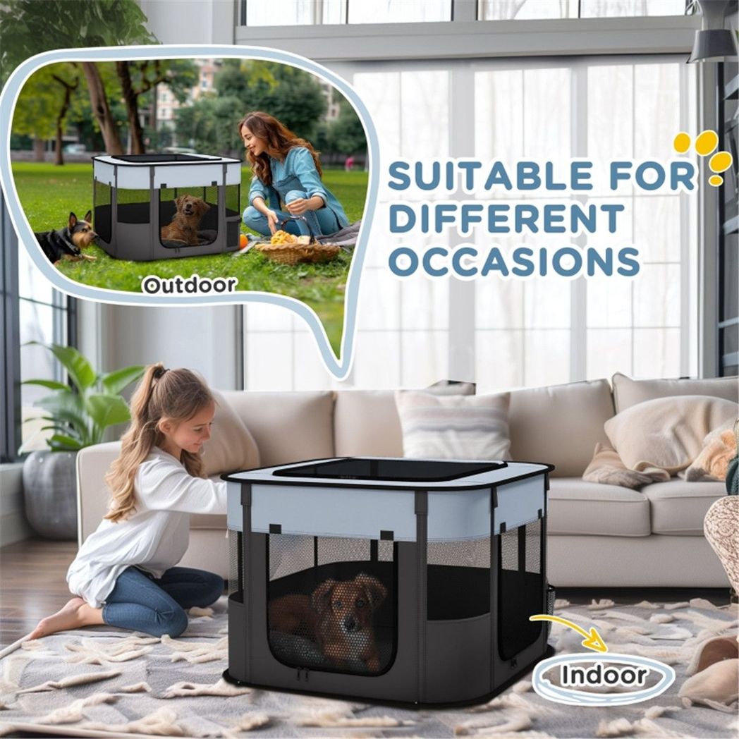 Foldable Pet Playpen with Mesh Windows, Doors & Ground Stakes – Indoor Outdoor Small Animal Enclosure
