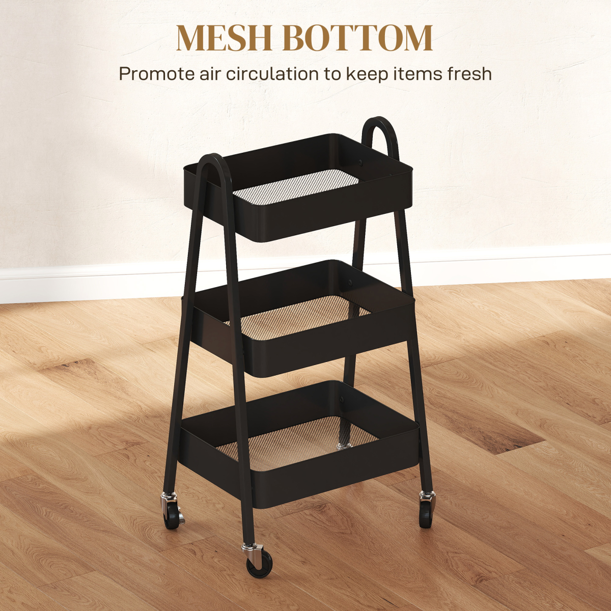 3-Tier Rolling Storage Trolley with Mesh Trays – Kitchen, Bathroom and Craft Room Organiser