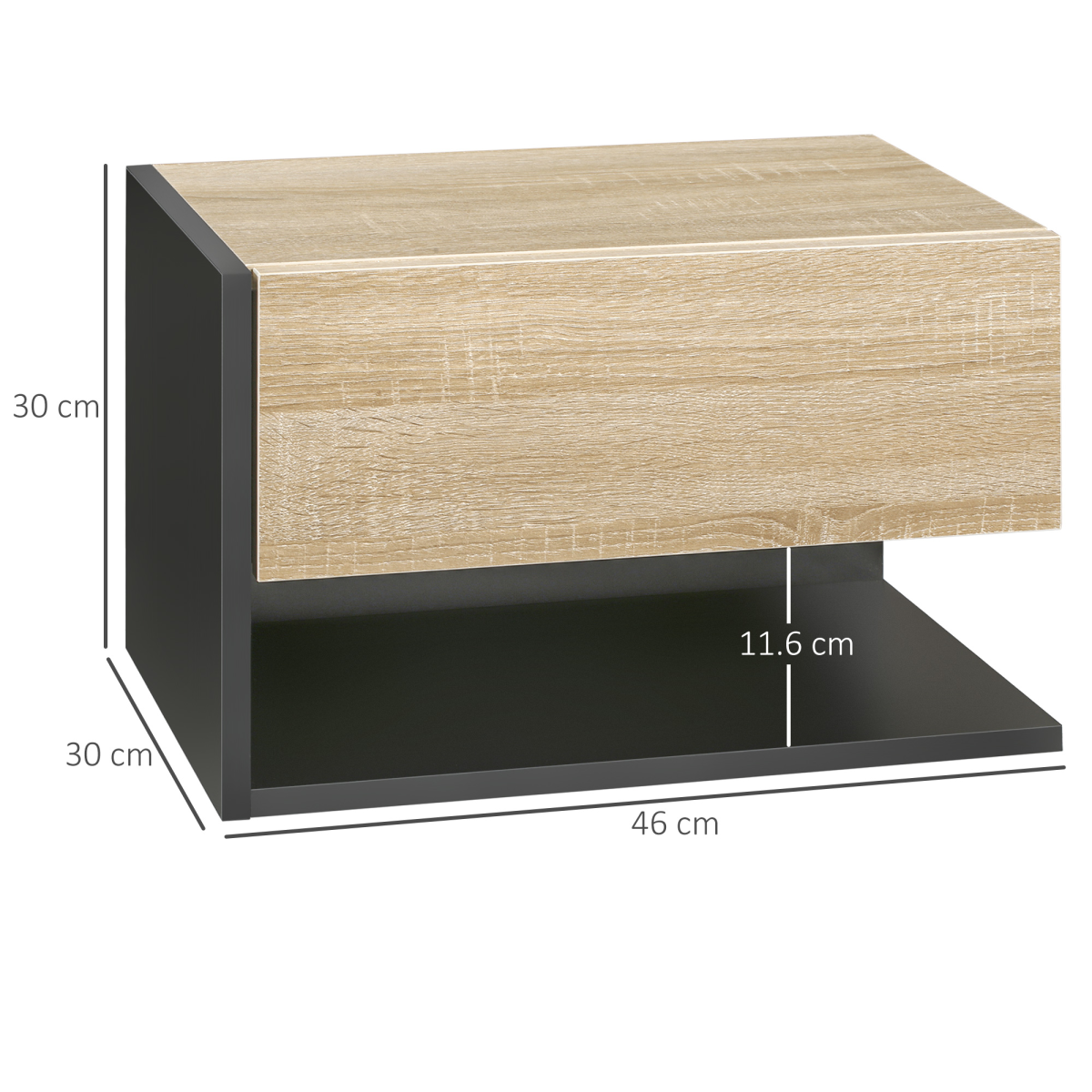 HOMCOM Floating Bedside Tables Set of 2 with Drawer and Open Shelf – Modern Nightstands, Oak and Black
