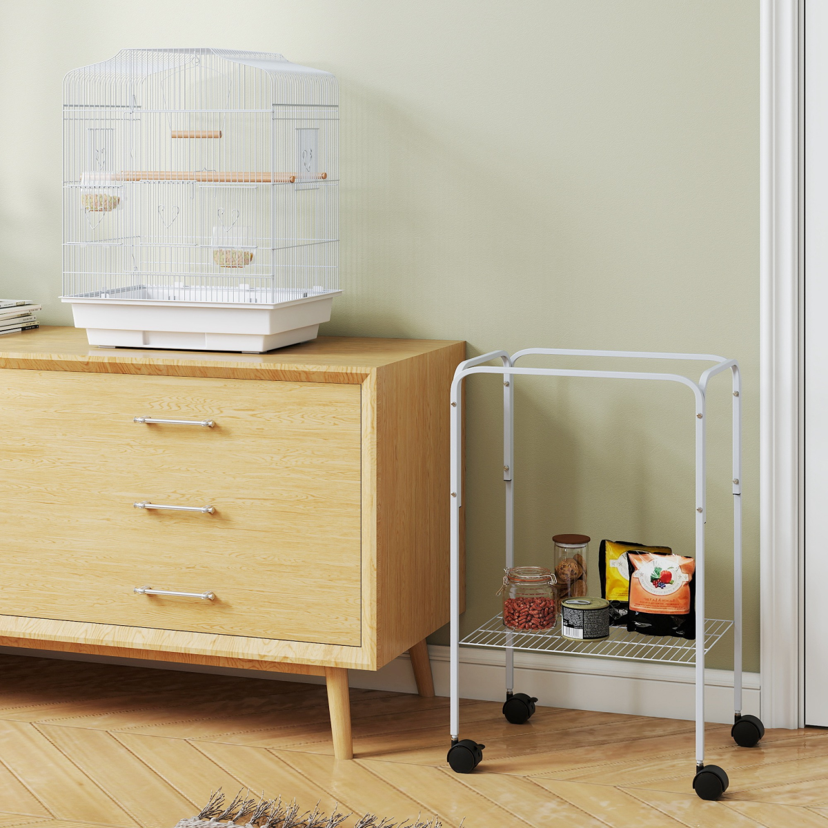 Bird Cage Starter Kit with Detachable Rolling Stand, Perches, Swing & Storage Basket – White