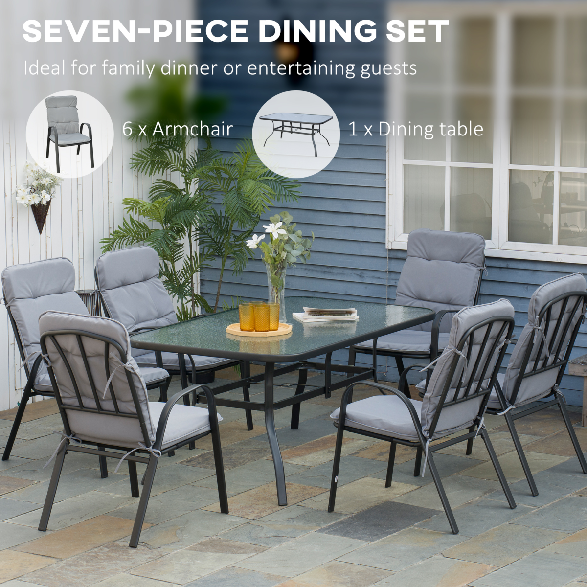 Outsunny 7-Piece Garden Dining Set with Glass-Top Table, Umbrella Hole & Cushioned Chairs – Steel Frame, Black