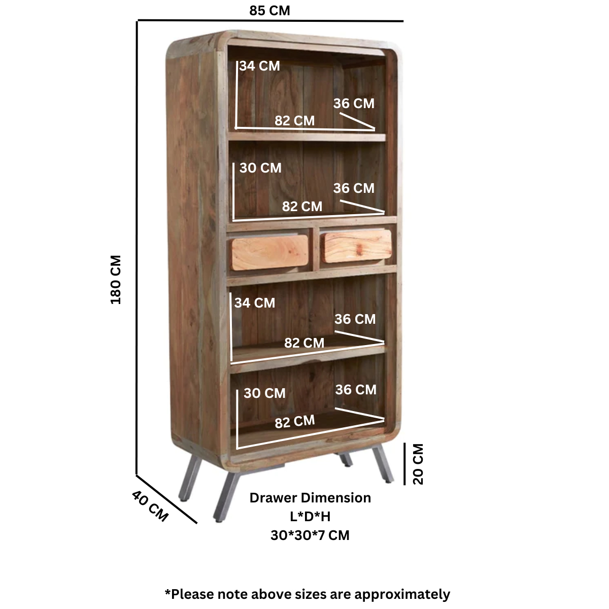Aspen Large Industrial Bookcase in Solid Hardwood & Reclaimed Metal – Retro Two-Tone Shelving with Drawers