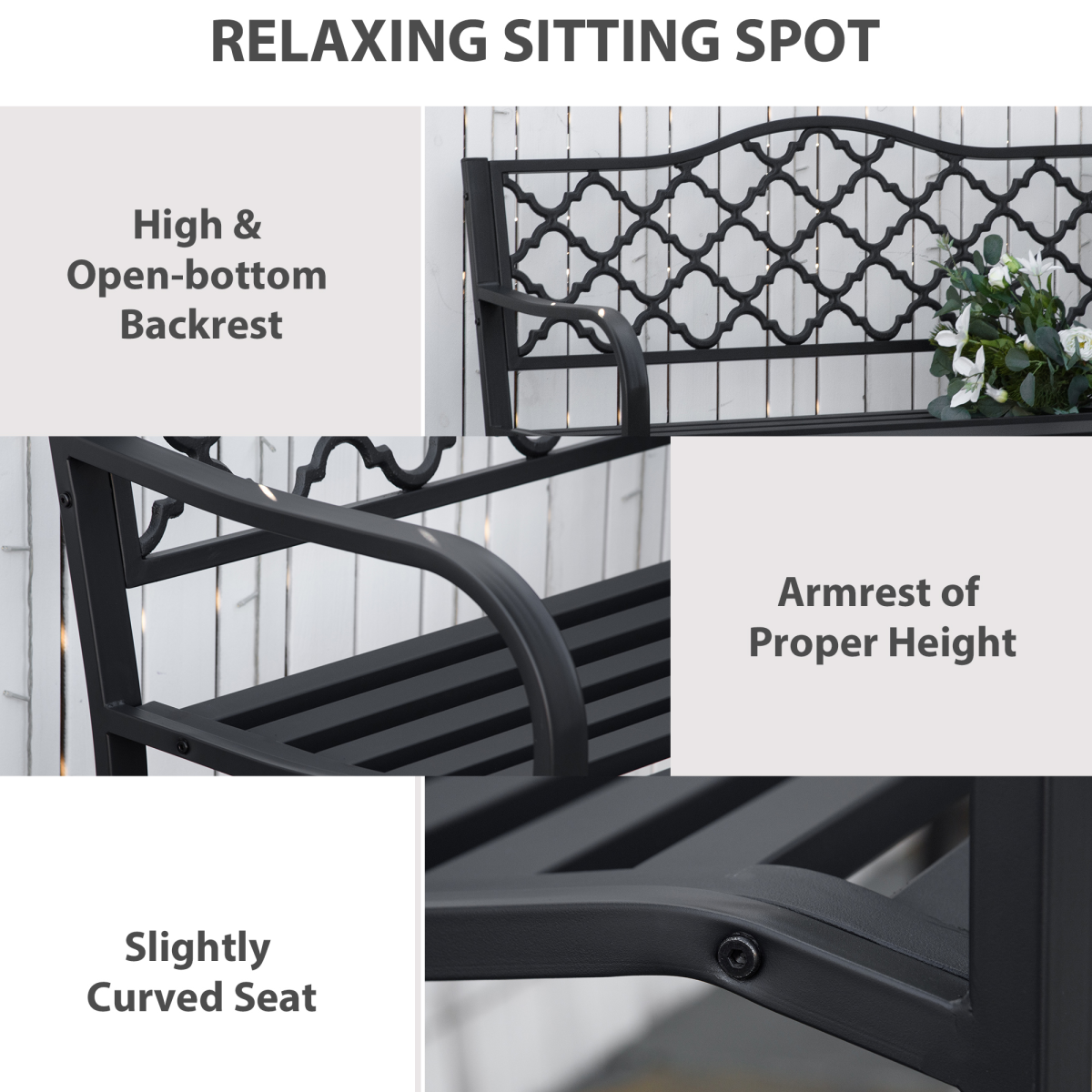 Outsunny 2-Seater Vintage Garden Bench with Steel & Cast Iron Frame, Slatted Seat – Matte Black
