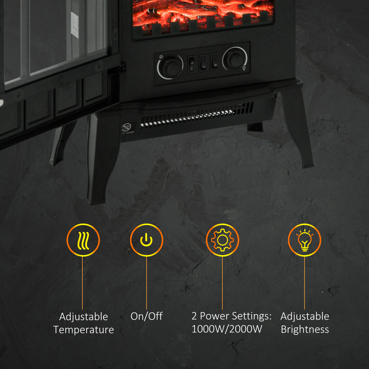 HOMCOM Freestanding Electric Fireplace Stove Heater, 1000W/2000W with LED Charcoal Flame – Cast Metal