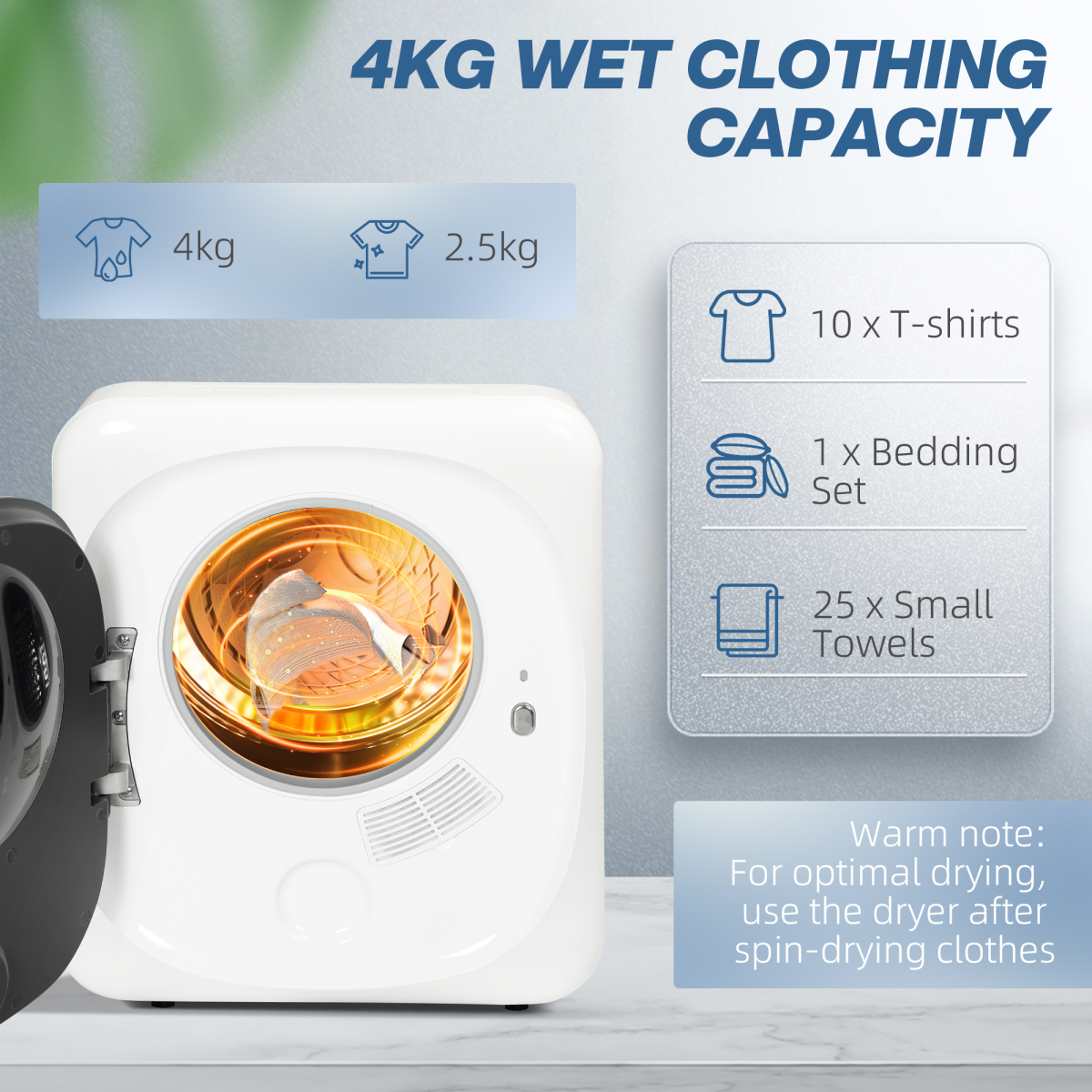 HOMCOM 4kg 800W Compact Vented Tumble Dryer with Deodorise Cycle & Smart Mode – Small Space Laundry Dryer