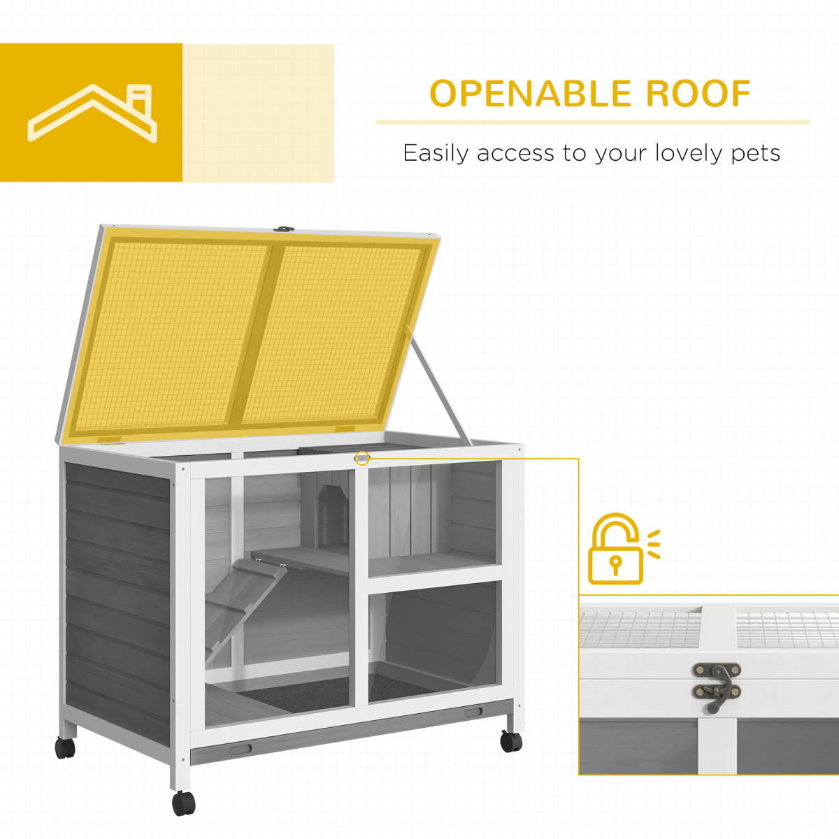 PawHut Two-Floor Wooden Rabbit Hutch with Wheels, Ramp & Pull-Out Tray – Indoor Small Animal House, Grey