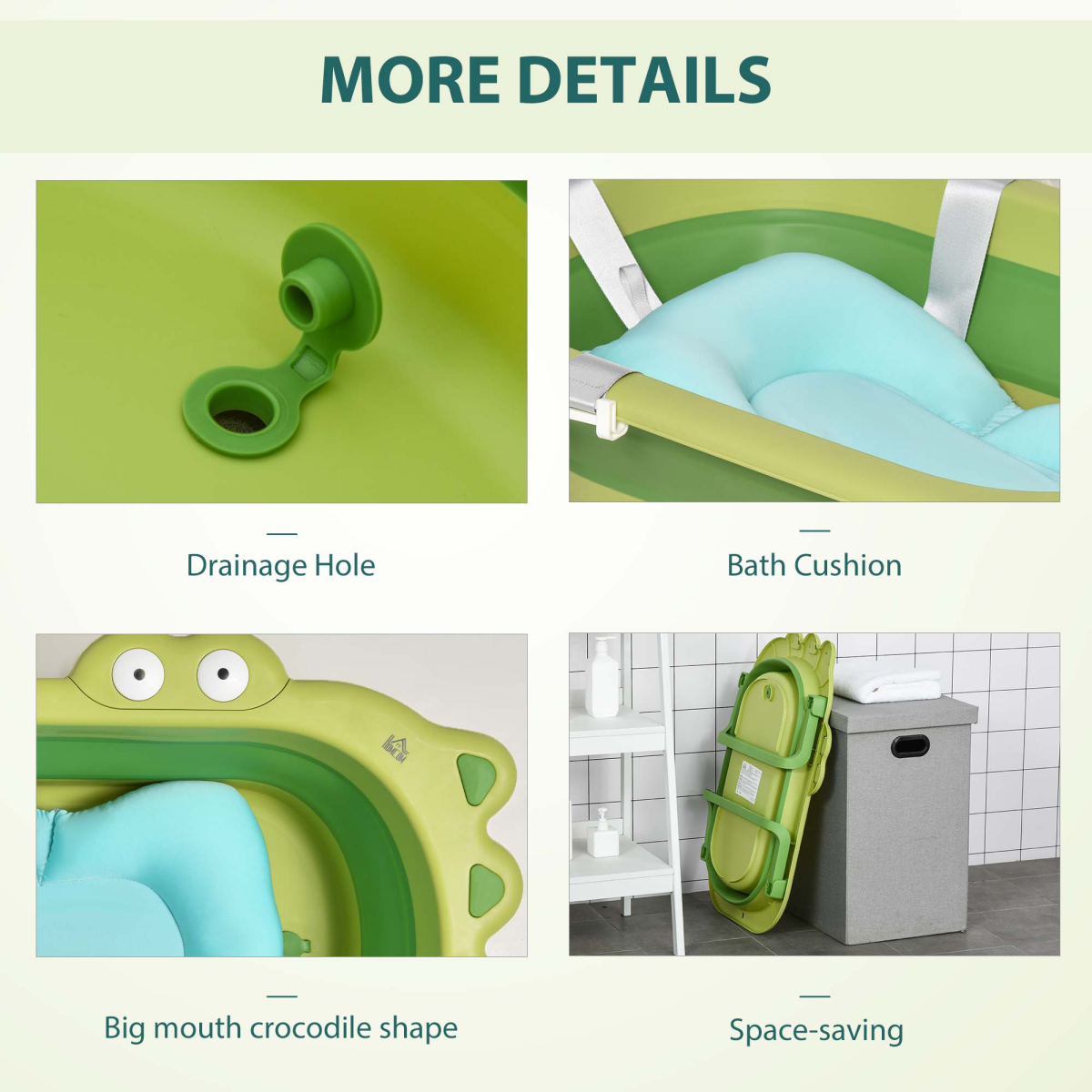 HOMCOM Foldable Baby Bath Tub with Cushion – Crocodile Design Toddler Bath for 0-3 Years, Green