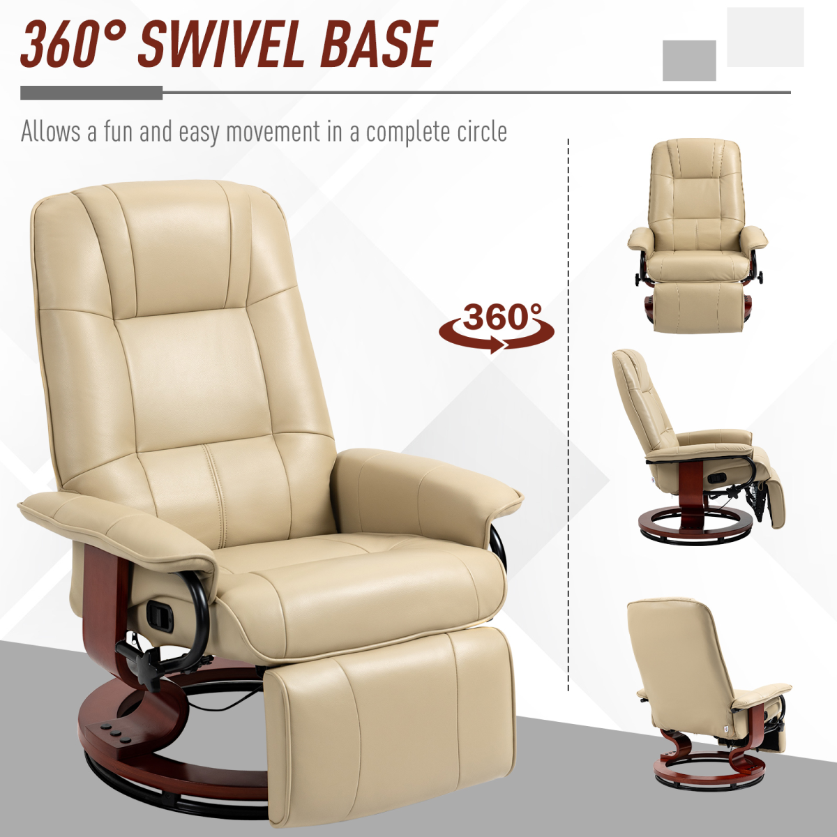 HOMCOM Ergonomic Office Recliner Sofa Chair with 145° Reclining Back & Footrest – PU Leather Armchair, Cream White