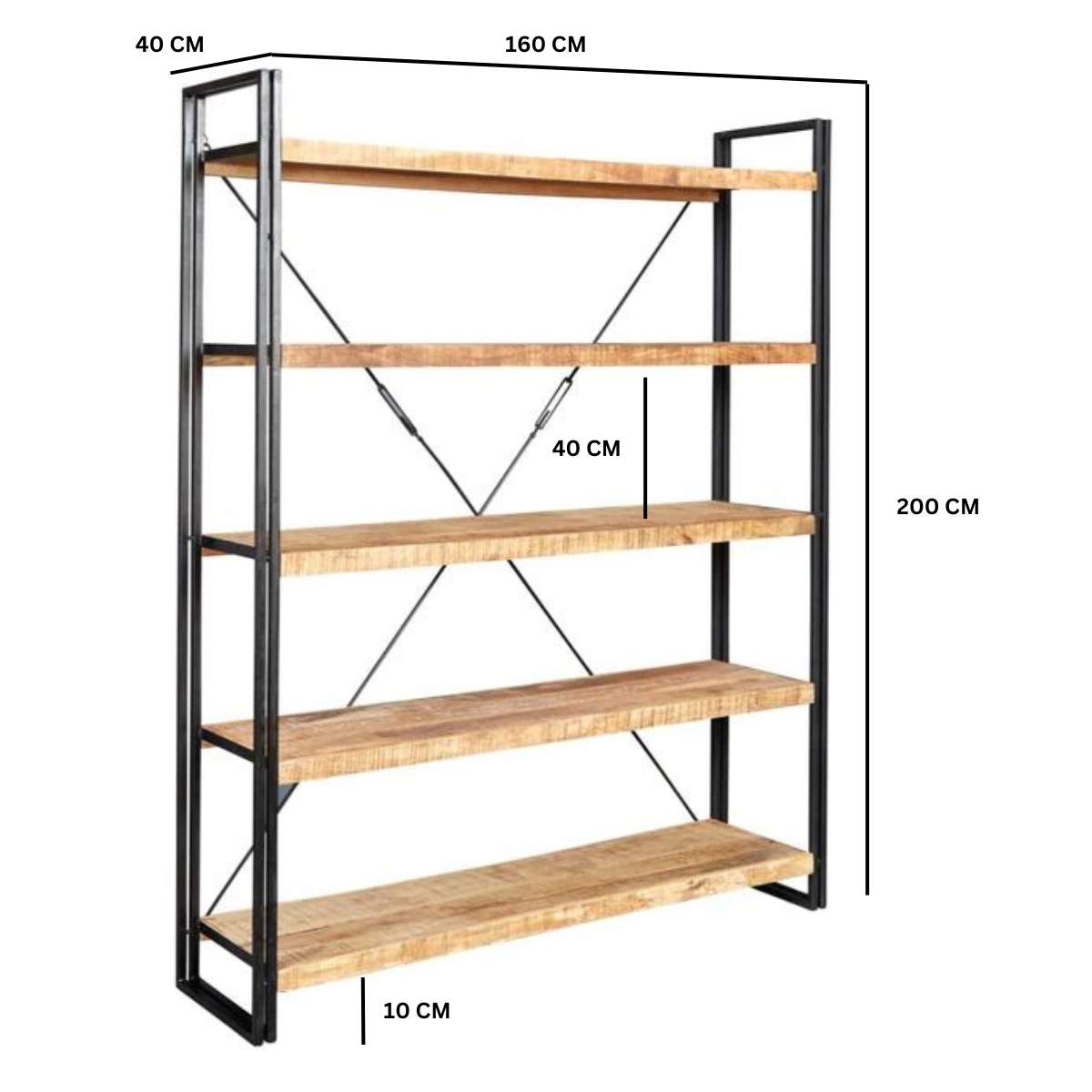 Cosmo Industrial Large Open Bookcase in Solid Mango Wood & Reclaimed Metal – Hand-Crafted Eco-Friendly Shelving