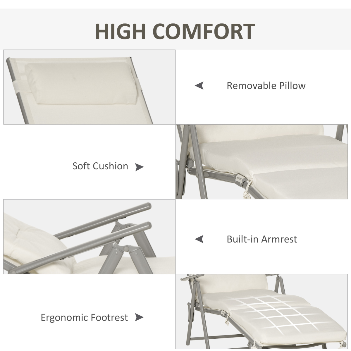 Outsunny Foldable Sun Lounger with 7-Level Adjustable Backrest, Padded Seat and Pillow – Textilene, White