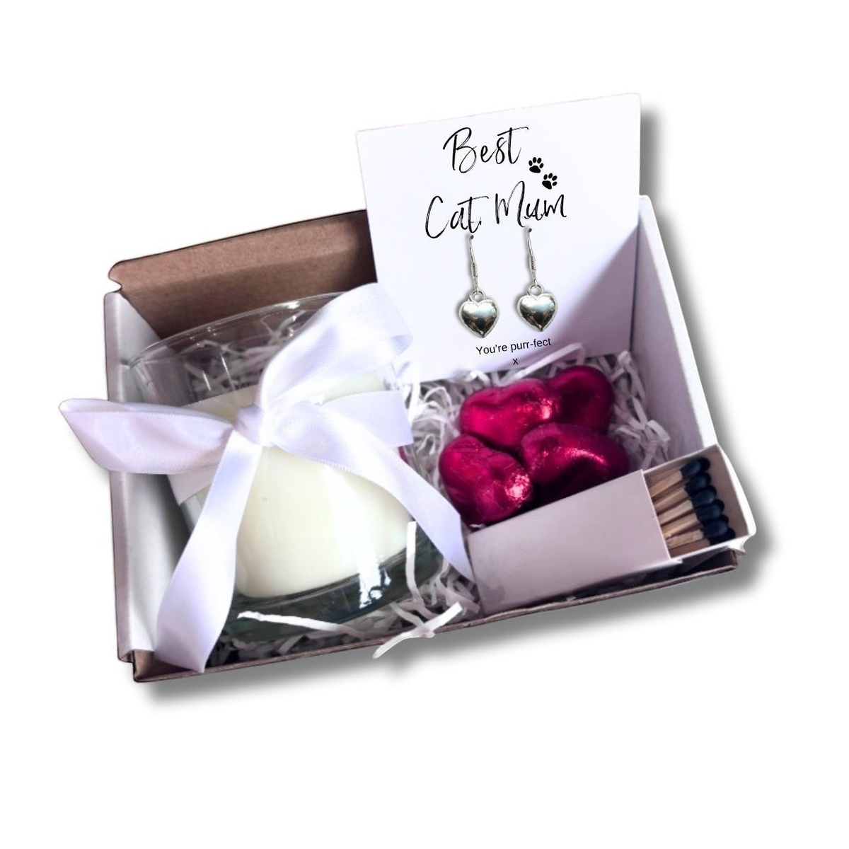 Aye Do Gifts Small Best Cat Mum Hamper with Heart Earrings, Candle & Chocolates – Gift for Cat Lovers