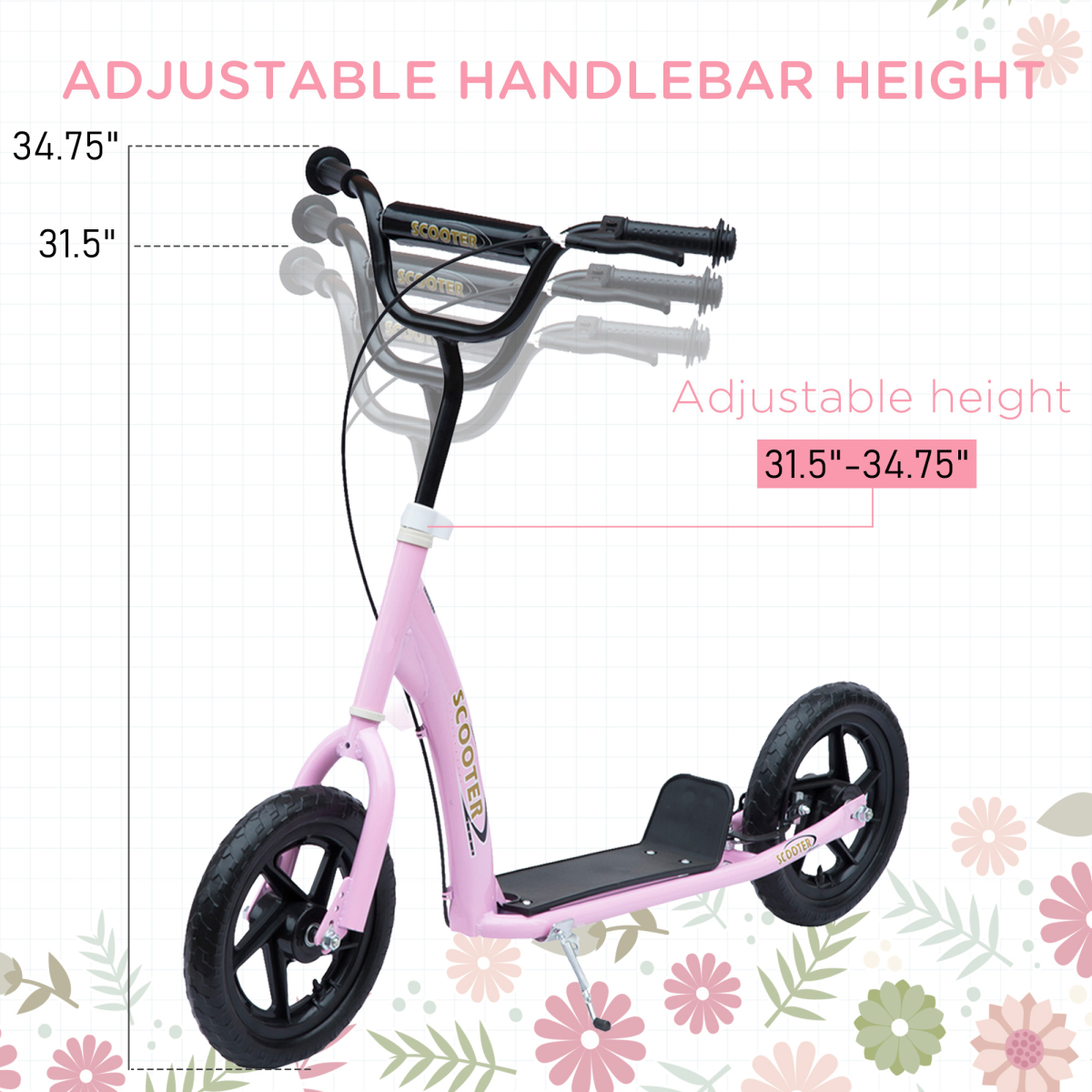 Kids Scooter with Adjustable Handlebars, Rear Brake and Non-Slip Footplate – Steel Frame Ride-On, Pink