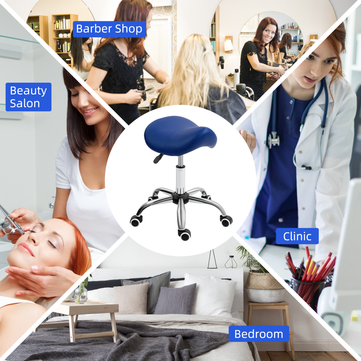 HOMCOM PU Leather Saddle Stool with Moulded Padded Seat – Height Adjustable Salon Chair, Dark Blue