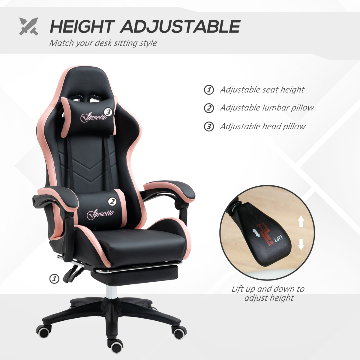 Reclining Gaming Chair with Footrest, Head & Lumbar Pillows – Swivel Computer Desk Chair, Black & Pink