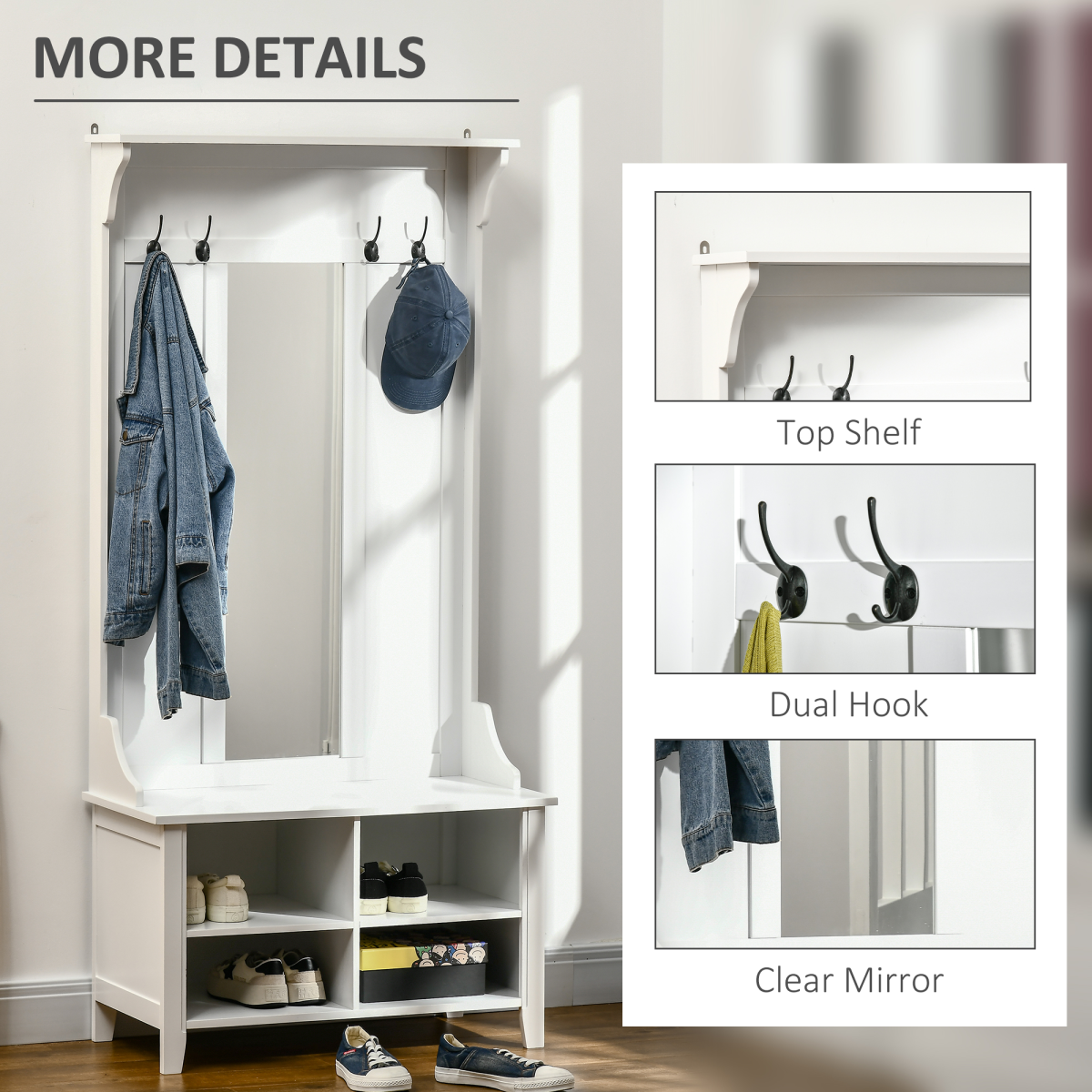 HOMCOM 3-in-1 Mirrored Shoe Cabinet with Bench, Coat Hooks and 4 Storage Cubes – White, 80cm