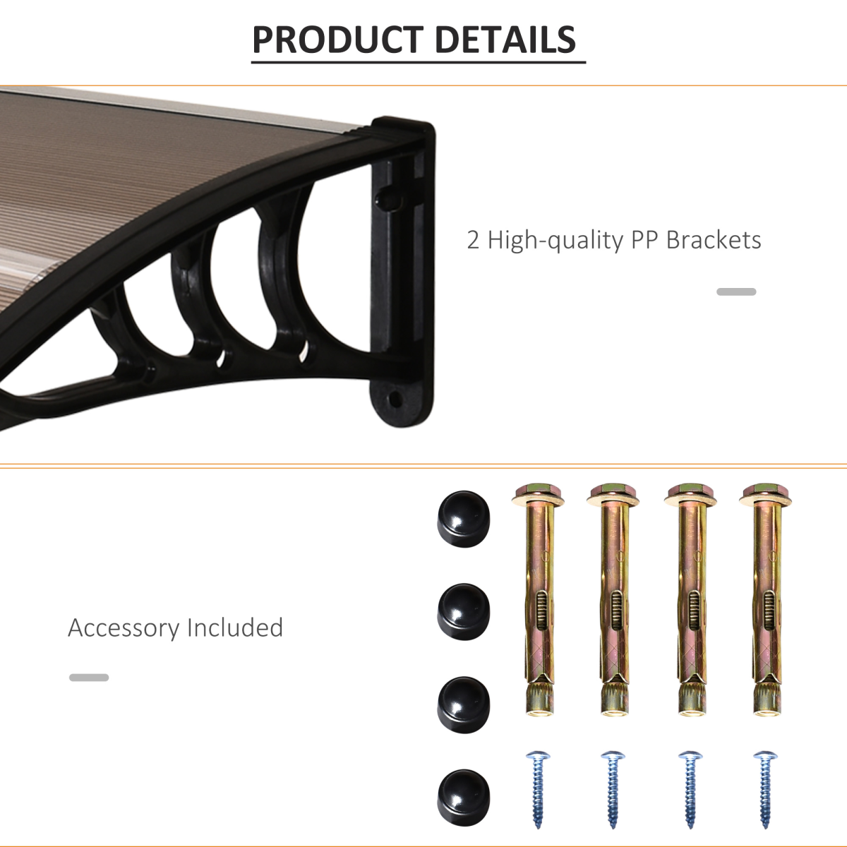 Outsunny Curved Polycarbonate Door Awning with Black Bracket – Rain and UV Protection, Brown