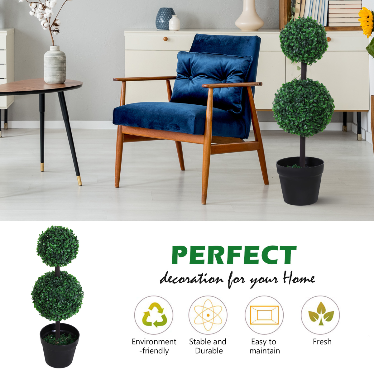 Artificial Double Boxwood Ball Topiary Trees – Set of 2, Green