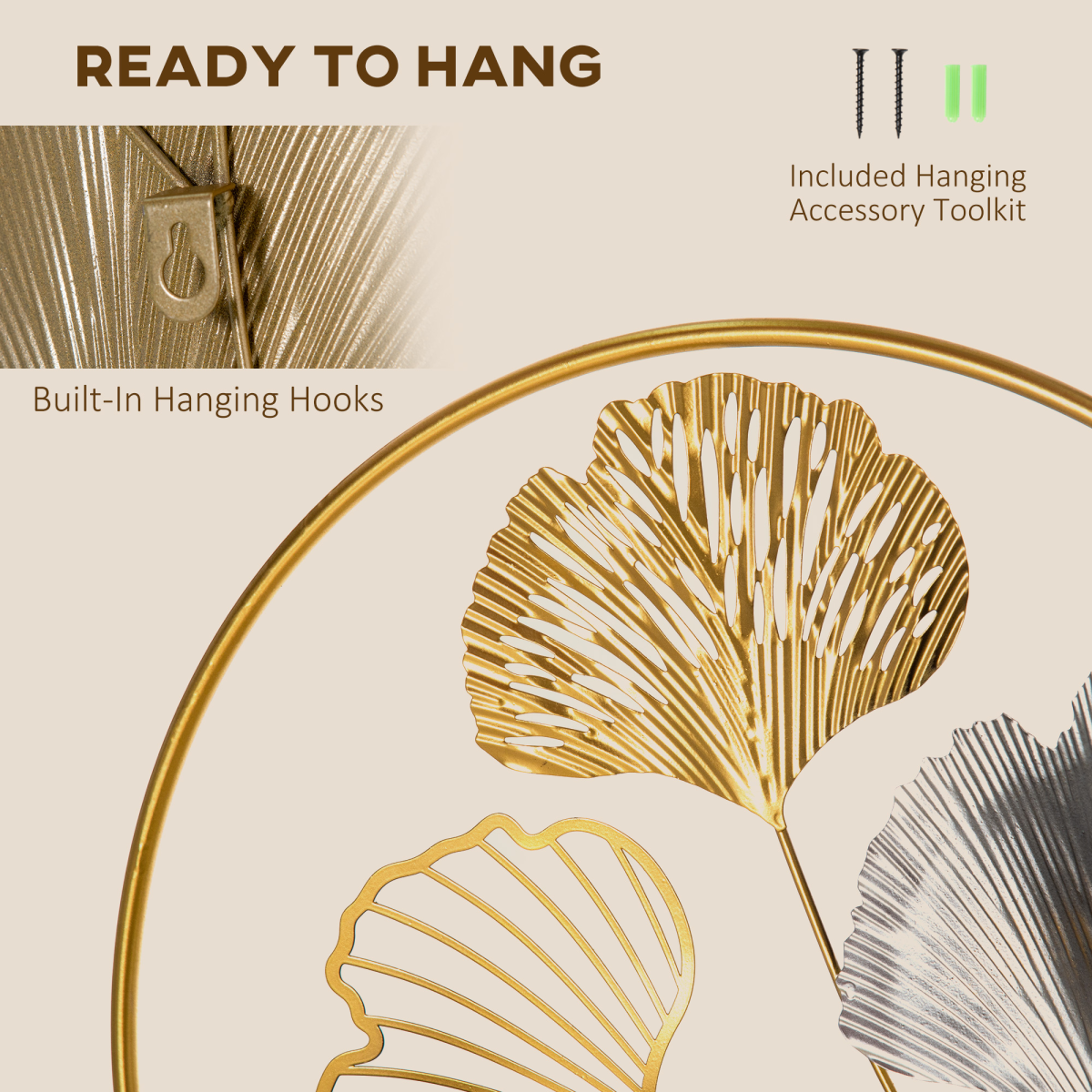 HOMCOM Gold Ginkgo Leaves Metal Wall Art – 3D Hanging Sculpture, Modern Wall Decor