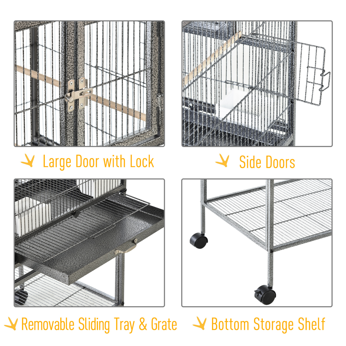 Large Rolling Bird Cage with Stand, 4 Perches and Food Bowls – Divisible Aviary for Finches and Canaries