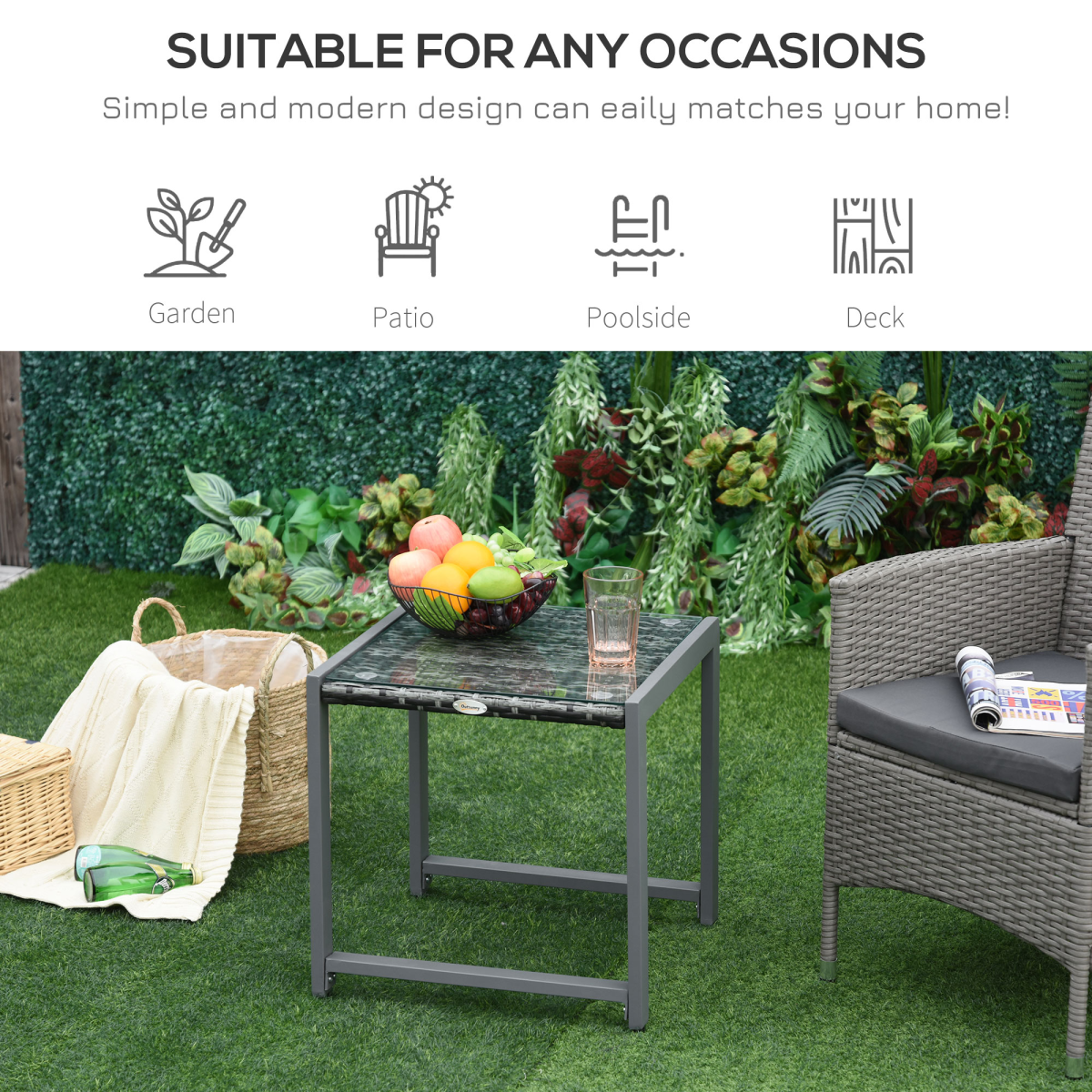 Outsunny Rattan Side Table with Tempered Glass Top & Aluminium Frame – Outdoor Patio Coffee Table, Grey