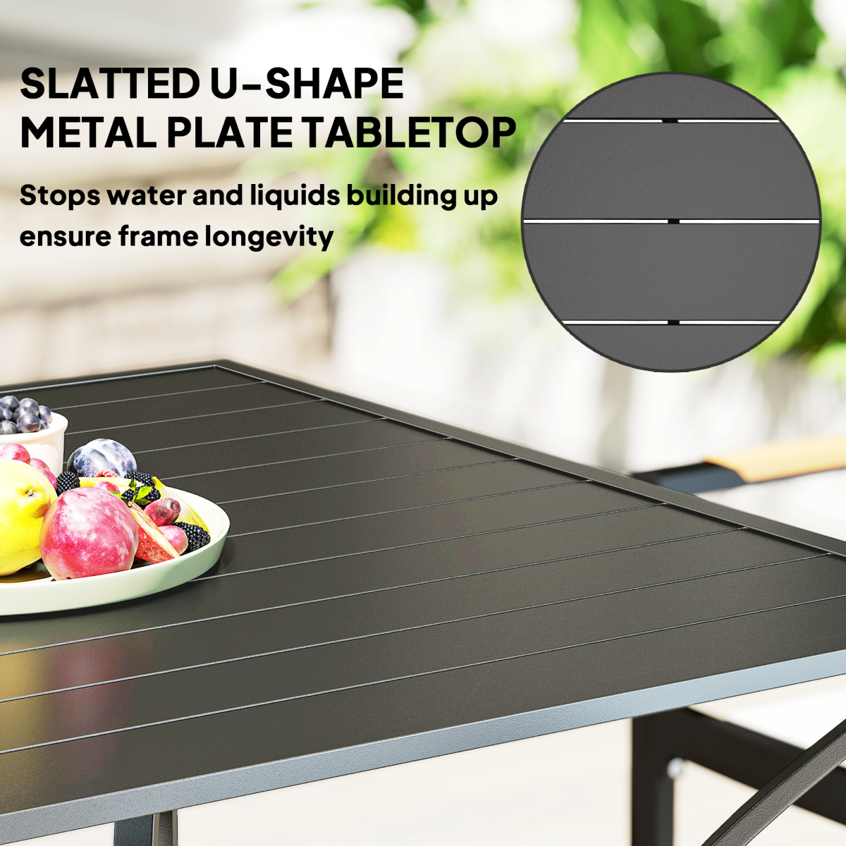 Outsunny Square Garden Table for 4 with Parasol Hole – Slatted Metal Top, Powder-Coated Steel Frame
