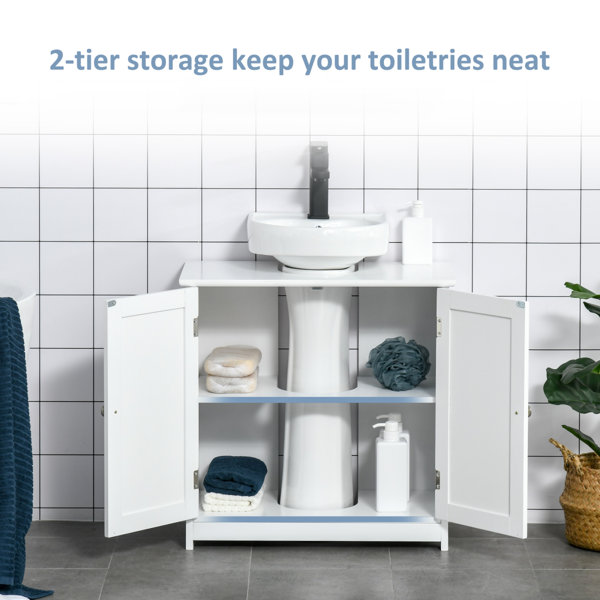 kleankin Under-Sink Storage Cabinet with Adjustable Shelf and Pipe Cut-Out – Bathroom Organiser, White