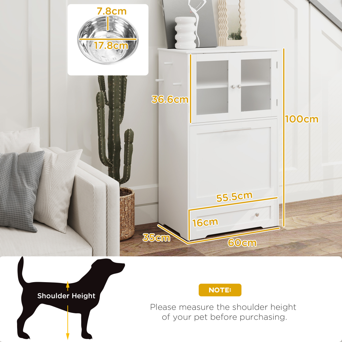 PawHut Dog Feeding Station with 2 Storage Cabinets, 2 Elevated Stainless Steel Bowls & Anti-Tip Kit, White