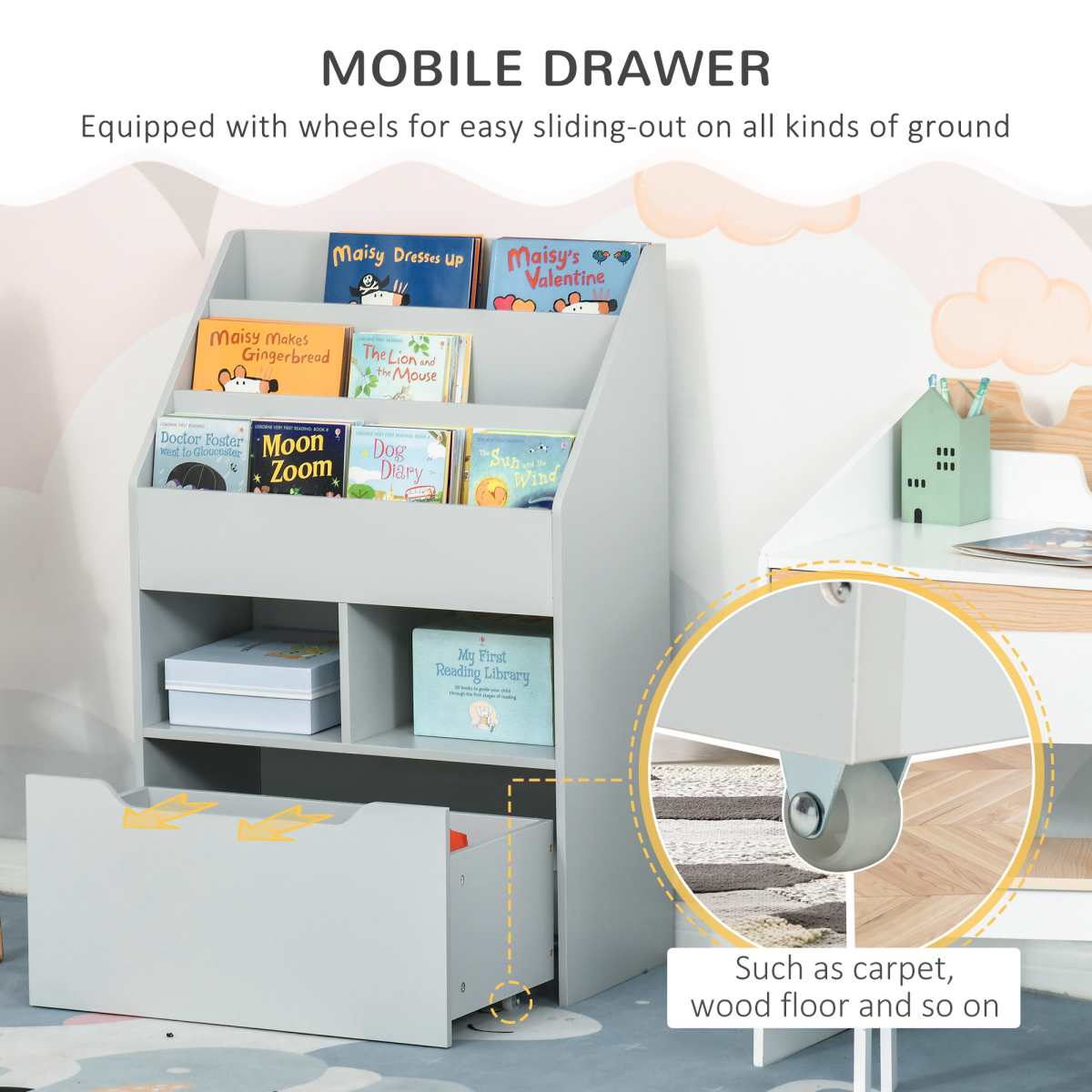 HOMCOM Kids Bookshelf with Toy Storage Drawer on Wheels – Three-Tier Bedroom Organiser, Grey