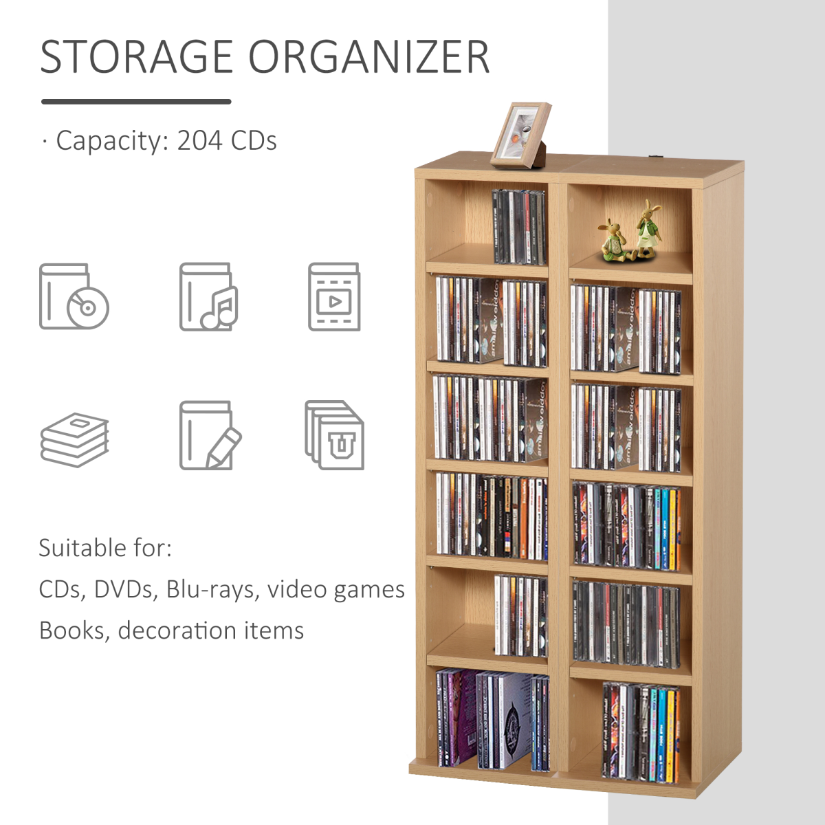 Set of 2 CD & Media Tower Racks with Adjustable Shelves – Slim Storage for CDs, DVDs & Games, Wood Colour