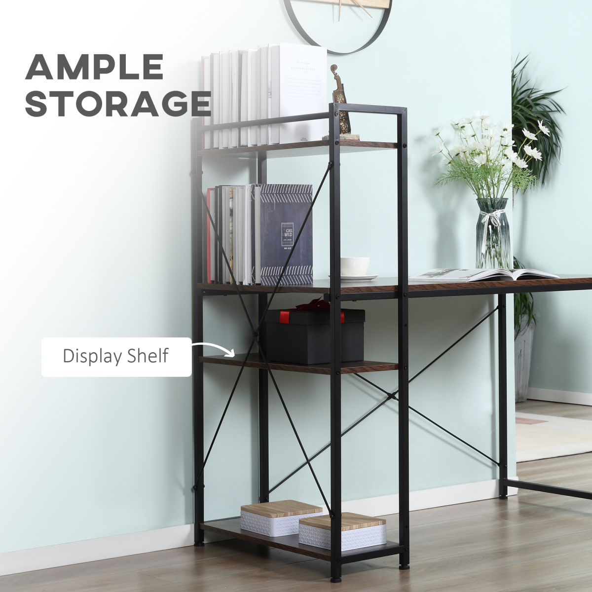 HOMCOM Computer Desk with 4-Tier Bookshelf – Home Office Study Workstation with Storage