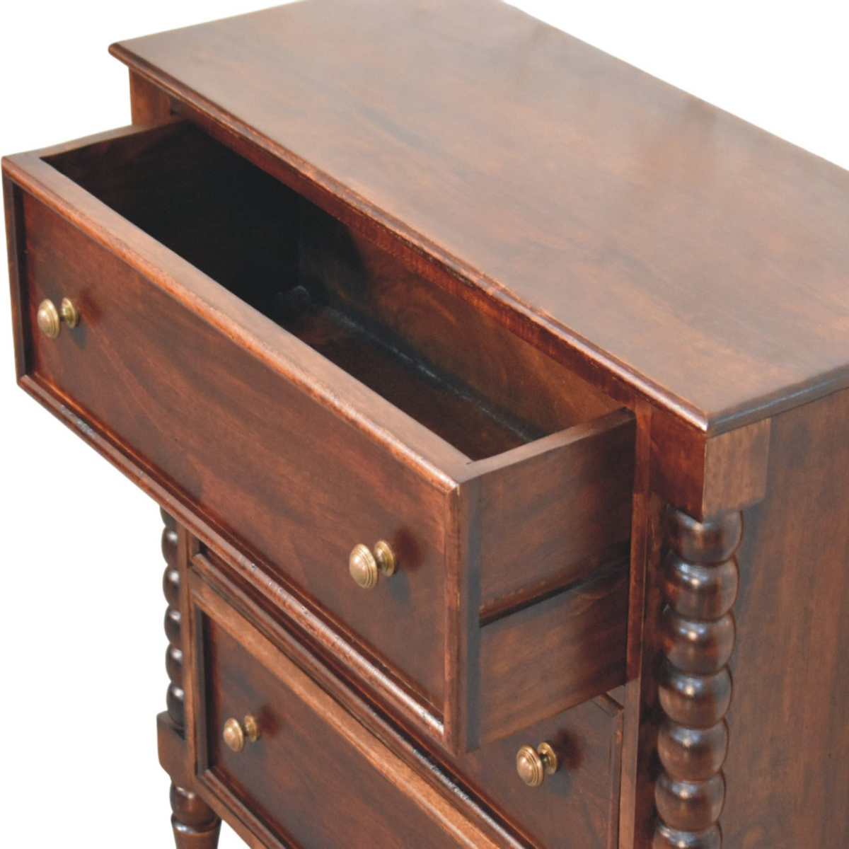 Artisan Furniture Spindle Winewood Solid Mango Wood Chest, 3 Drawers & Carved Legs – Bedroom Storage, Brown