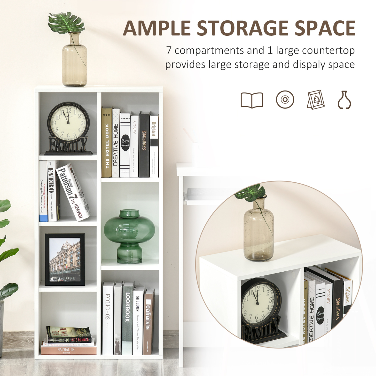 HOMCOM Seven-Cube Bookcase with Anti-Tipping Straps – Open Bookshelf Display Cabinet, White