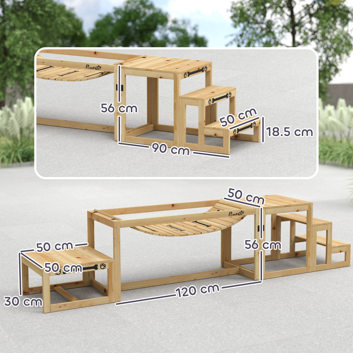 PawHut 3-Piece Wooden Dog Agility Training Set with Soft Bridge, Pause Platform & Ladder – Natural Wood