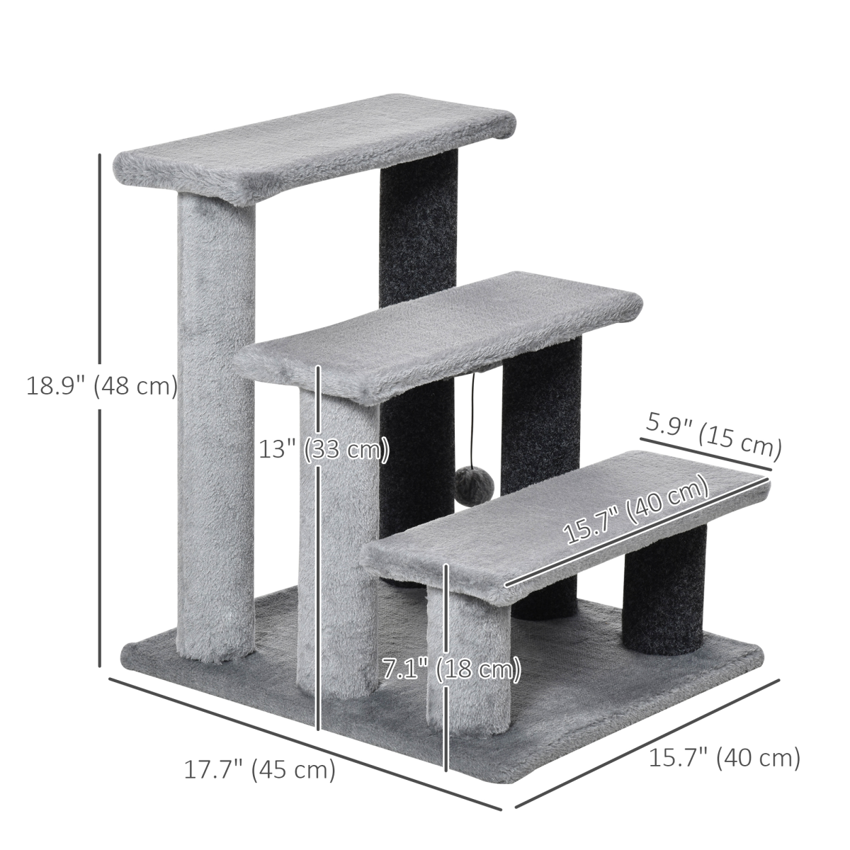 Compact Cat Tree with Step Platform, Scratching Posts and Hanging Ball – Easy-Access Cat Climber, Light Grey