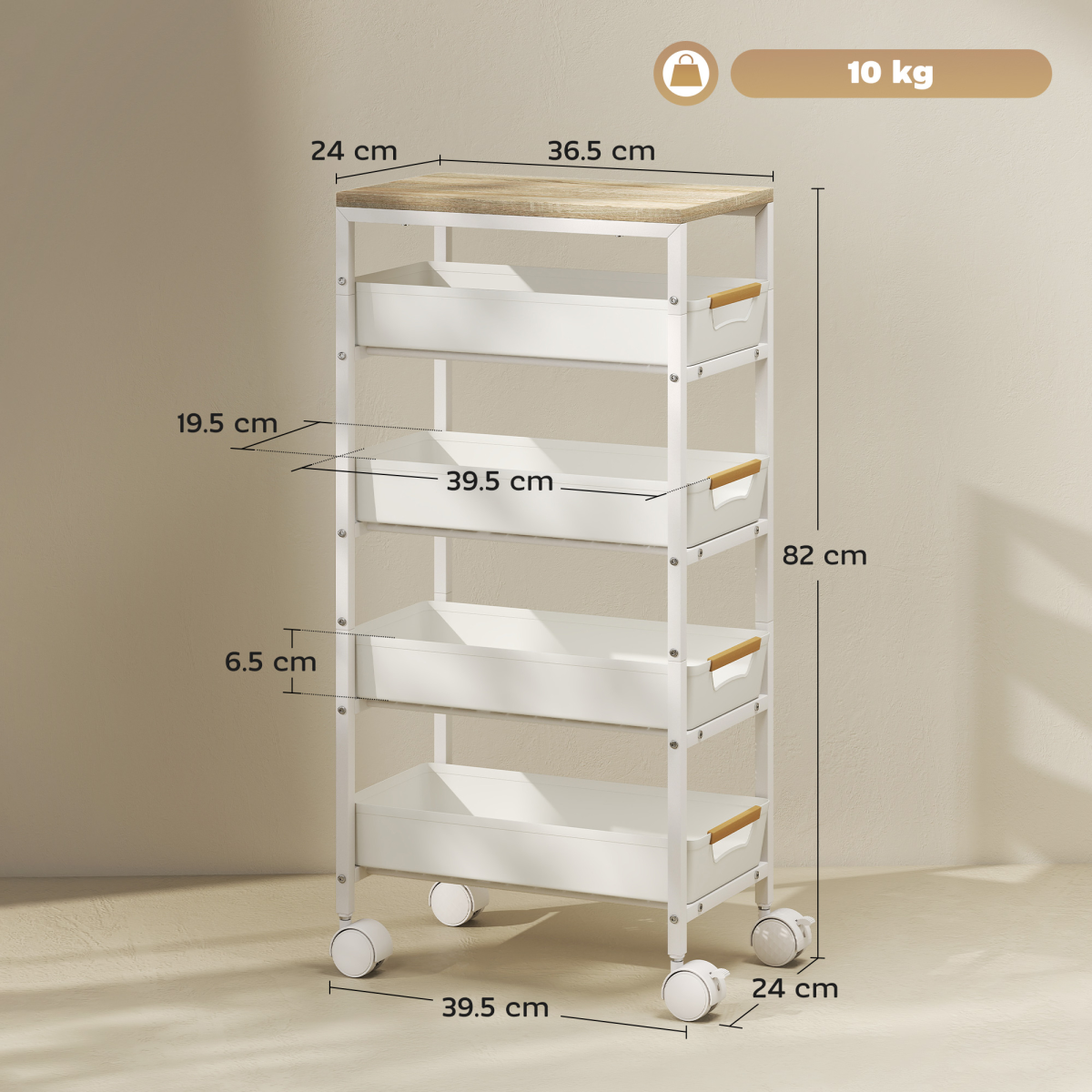 Slim 5-Tier Storage Trolley with 4 Drawers and Wheels – Rolling Organiser Cart, White and Oak