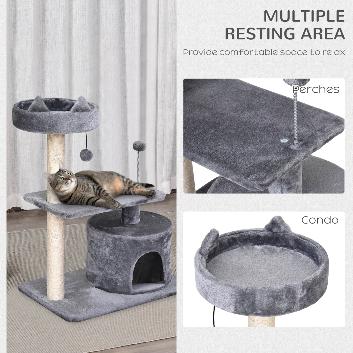 PawHut 81cm Cat Tree with Scratching Posts, Hide-Away Hut and Play Balls – Kitten Activity Tower