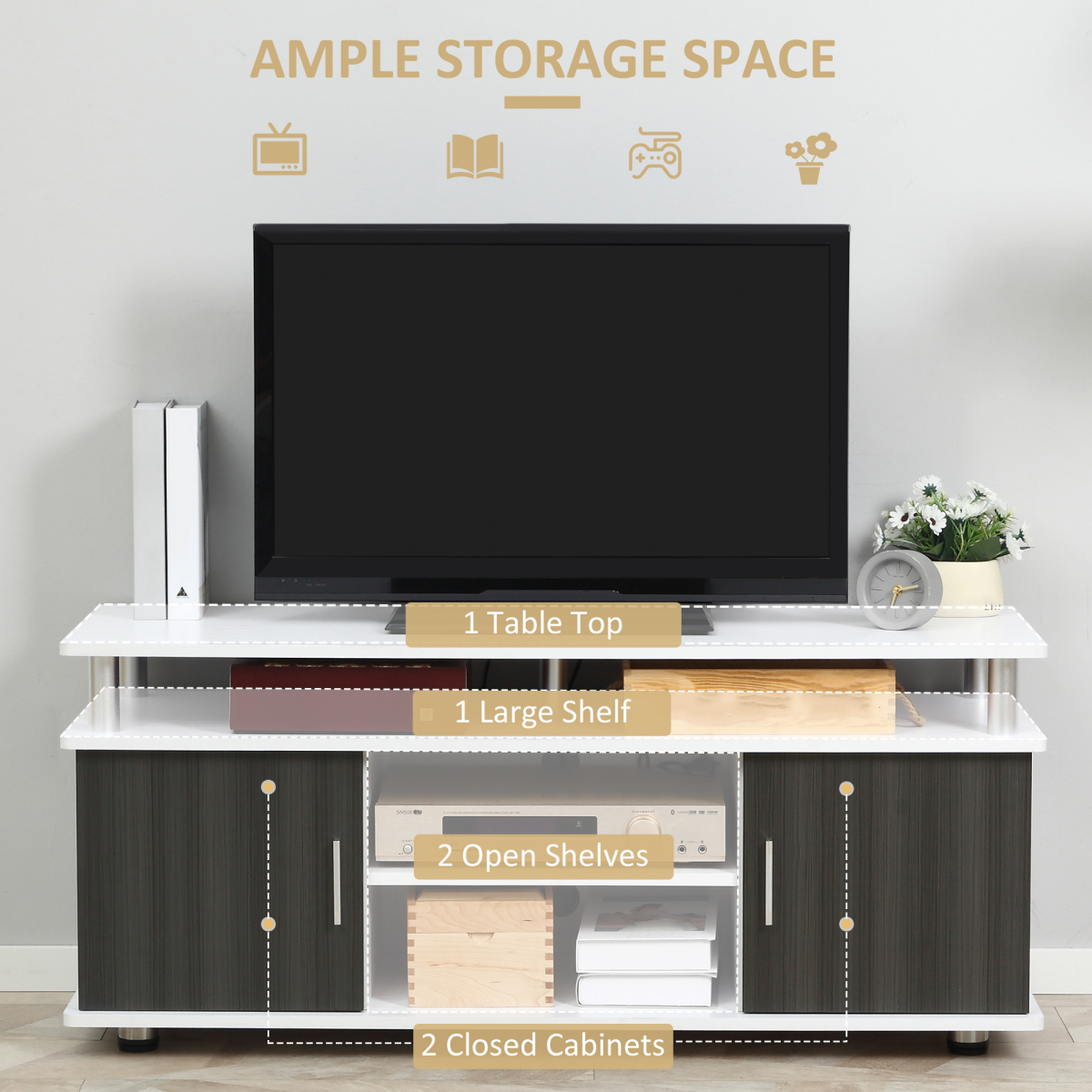 HOMCOM TV Cabinet Entertainment Centre with Open & Closed Storage – Media Console Unit, Grey & White