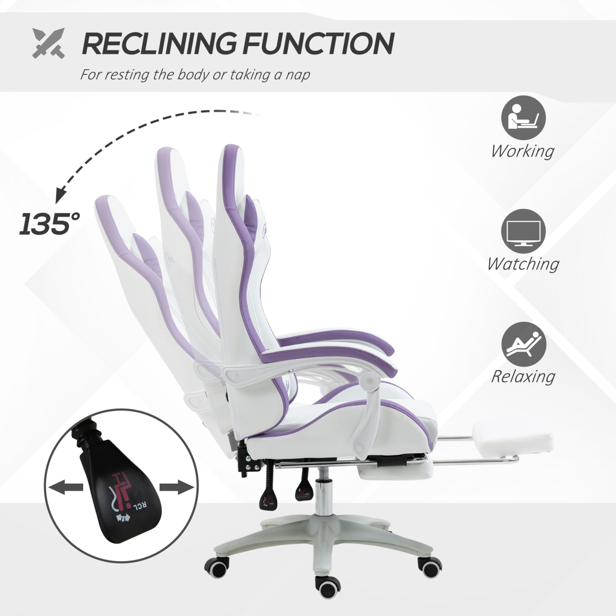 Vinsetto Racing Gaming Chair with Recline & Footrest – Headrest and Lumbar Cushions, White & Purple