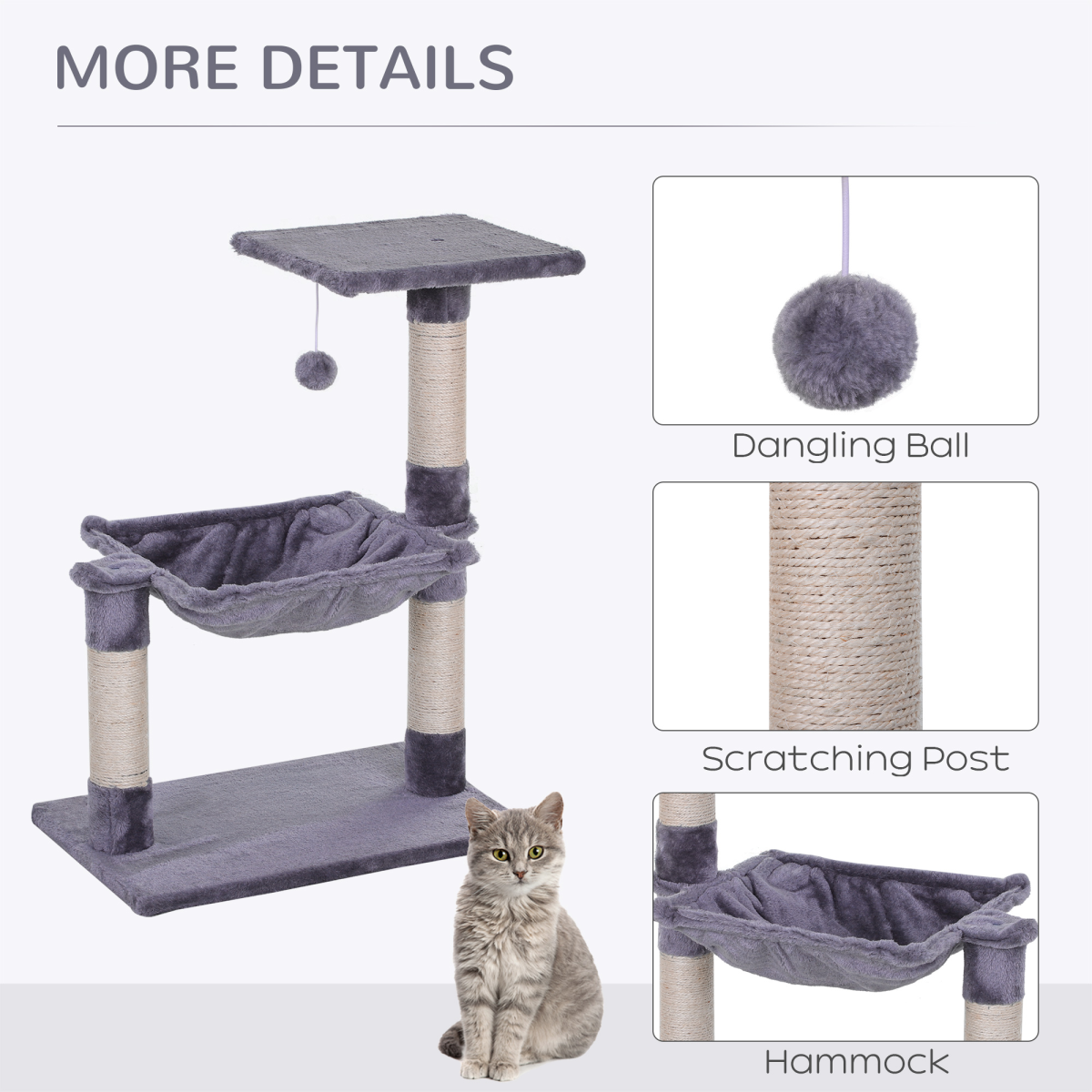 Pawhut 70cm Cat Tree with Sisal Scratching Posts, Hammock and Hanging Ball – Two-Tier Kitten Activity Centre