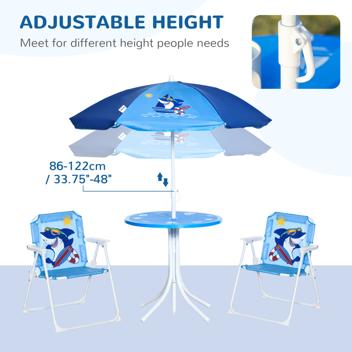 Kids Foldable Four-Piece Garden Set with Round Table, 2 Chairs & Umbrella – Shark Design Play Set, Blue