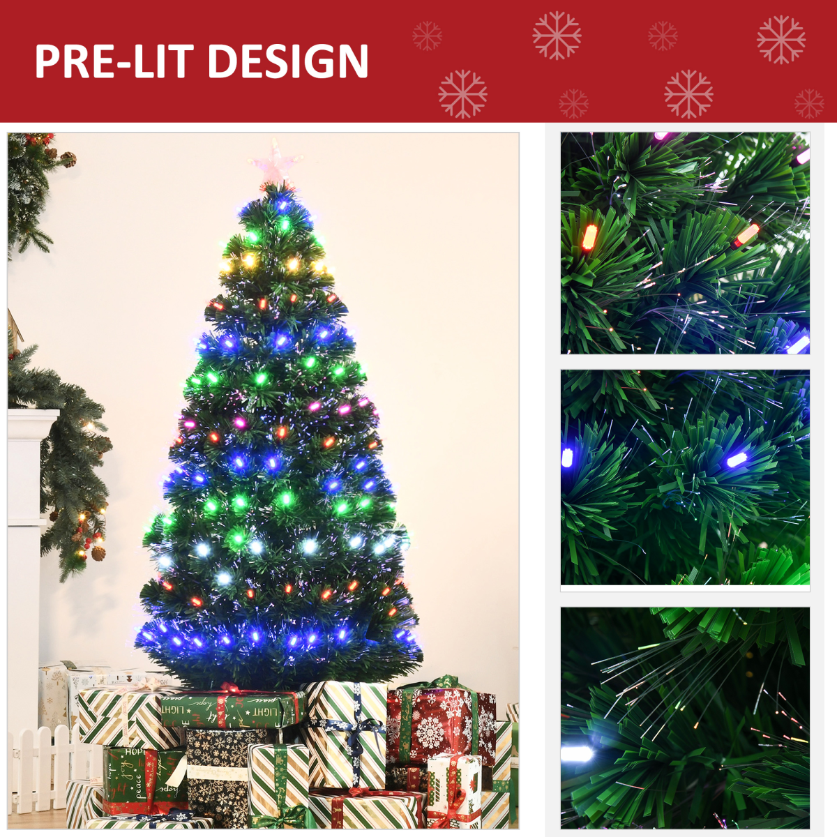 HOMCOM 5ft Pre-Lit Artificial Christmas Tree with 170 Multicoloured Lights, Star Topper & Folding Metal Base