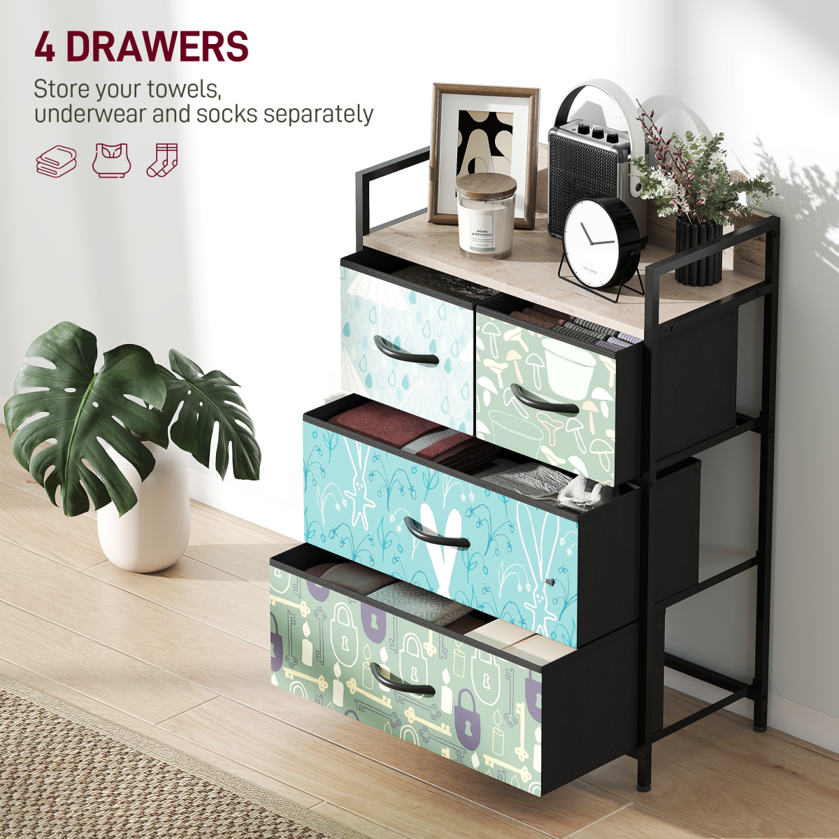 4-Drawer Storage Cabinet with Patterned Drawer Fronts – Decorative Storage for Living Room & Hallway