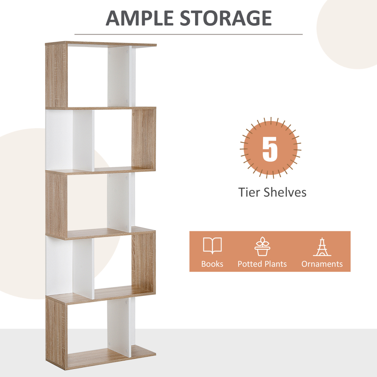 HOMCOM 5-Tier S-Shape Display Bookcase with Anti-Tipping Design – Freestanding Shelving Unit, Natural