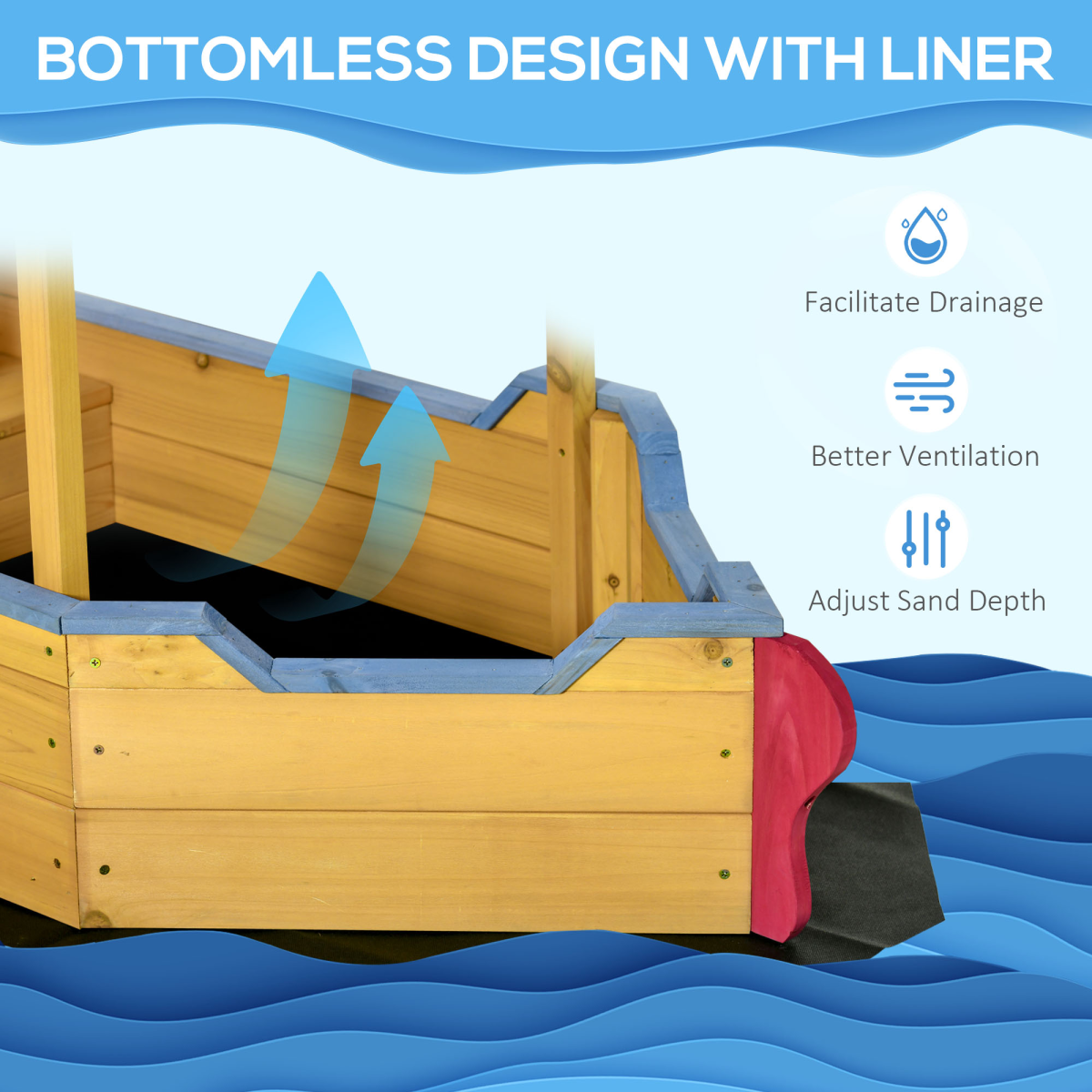Kids Wooden Pirate Boat Sandpit with Canopy Shade and Storage Bench – Outdoor Sandbox