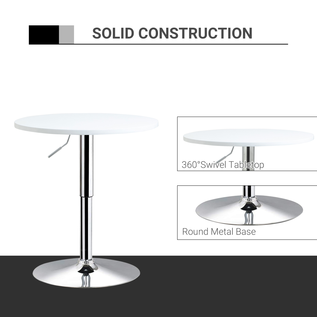 60cm Adjustable Height Round Bar Table with Swivel Top and Metal Frame – Dining and Drinking Table, White