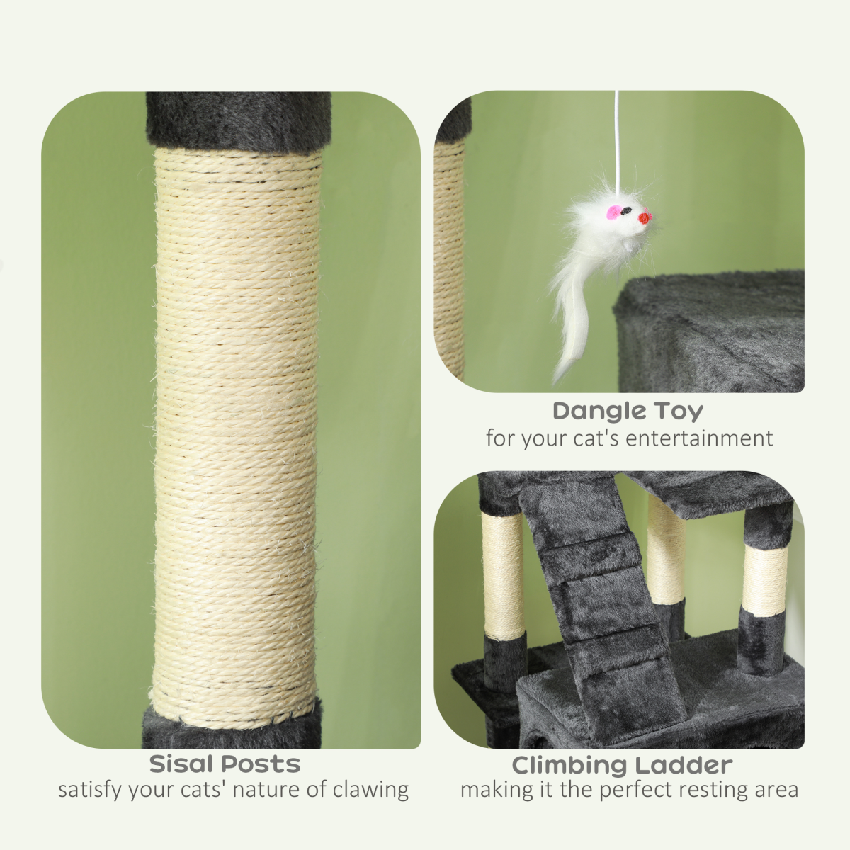 PawHut Tall Cat Tree Activity Centre with Condos, Perches, Sisal Scratching Post and Dangling Toys, 170 cm, Grey